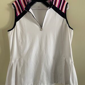 Tail White Sleeveless Zip Polo with Pink & Navy Stripe Accents. Pleated bottom.